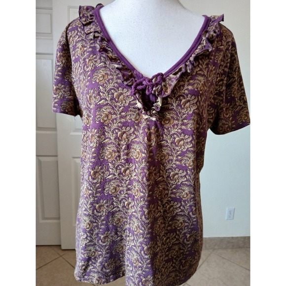 Ralph LAUREN JEANS CO Top Women L Purple Paisley Rufffle Tie Neck Short Sleeve - Picture 2 of 15